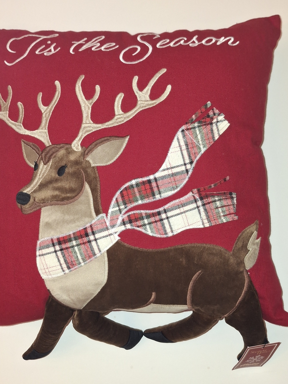 Sheffield Home Red Reindeer Plaid Scarf Holiday Throw Pillow